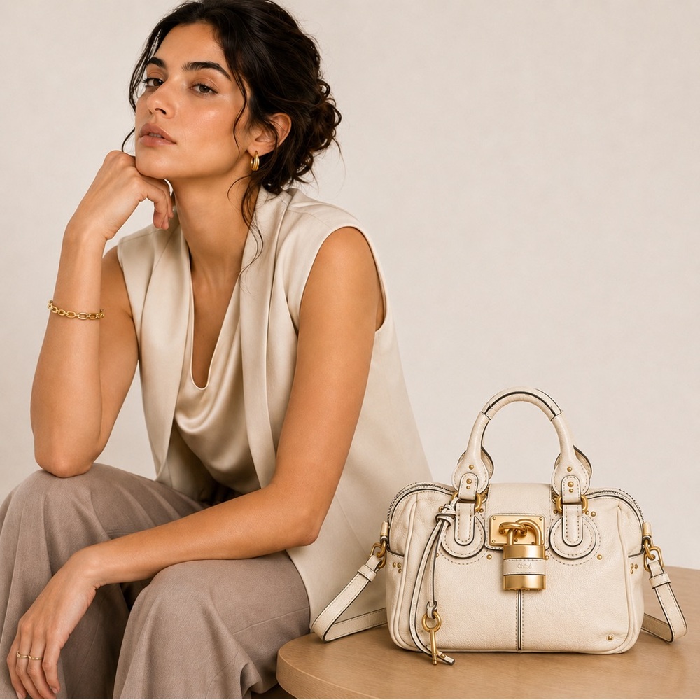 CHLOE PADDINGTON Bag Champagne Cream Leather Removable Strap Lock and Key NWOT